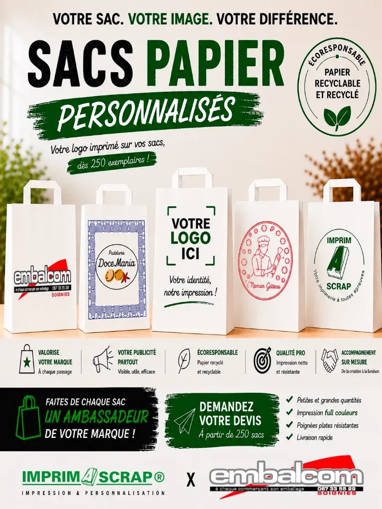 Sacs personnalisés 1 face - 32 x 22 x 28 blanc 70gr poignées plates